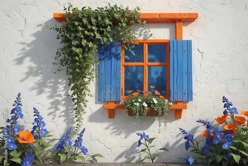 White wall with orange window frame and blue trumpet flowers cascading down