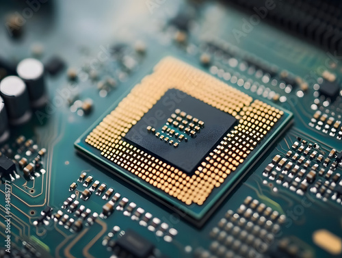 Detailed Circuit Chip against Green Board, Highlighting Precision Engineering in Computer Components,technology concept