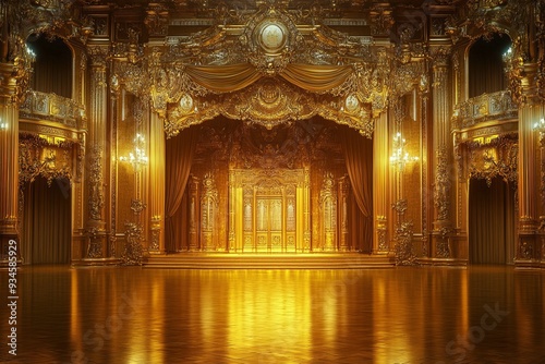 Empty golden palace background for theater stage scene, golden curtains and wooden floor