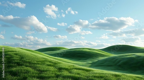 A serene landscape featuring rolling green hills under a bright blue sky with clouds.