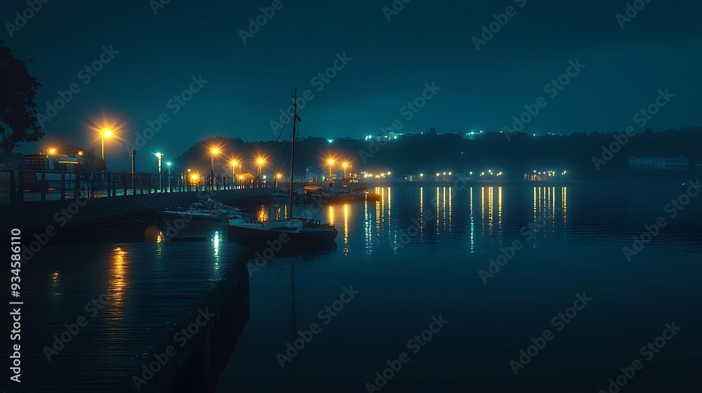 Clear Night Harbor Pier with Bright Lights and Smooth Water Reflections Clear Night Harbor Pier with Bright Lights and Smooth Water Reflections