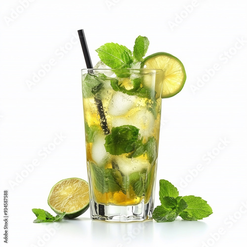 Mojito cocktail with lime, mint lraves and ice cubes in glass on white background. photo