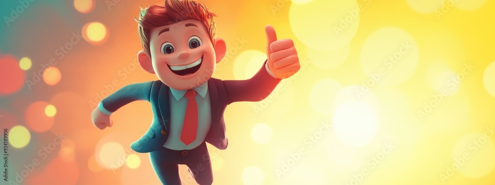 Fototapeta premium Joyful young character in a suit giving a thumbs up floating against a bright background