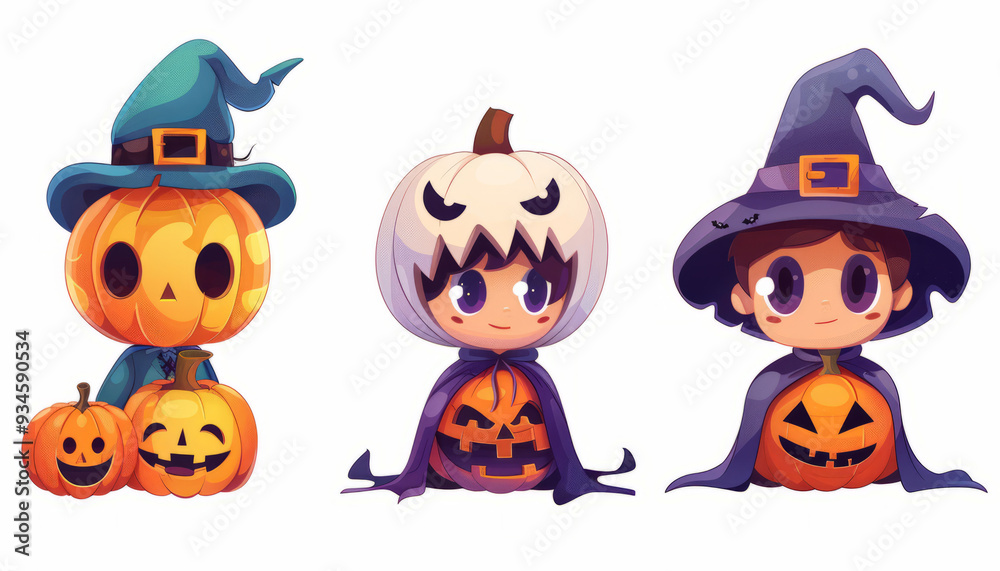 Cute and Spooky Set of Halloween Monsters and Characters in Cartoon Style - Digital Art on White Background