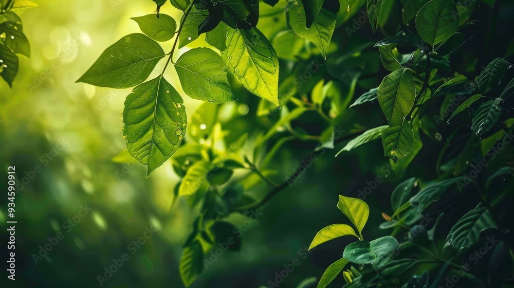 Φωτογραφία Close-up of vibrant green leaves with dew droplets, basking in sunlight, symbolizing freshness and natural beauty in the forest