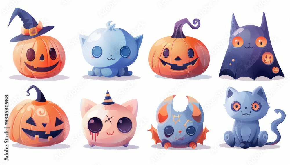 Cute and Spooky Set of Halloween Monsters and Characters in Cartoon Style - Digital Art on White Background Cute and Spooky Set of Halloween Monsters and Characters in Cartoon Style - Digital Art on White Background