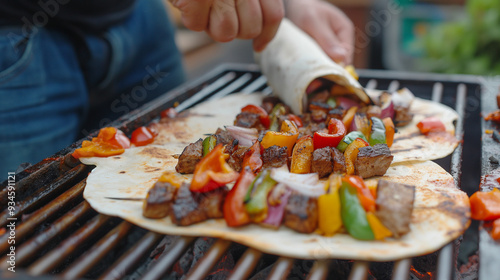 Chef making tacos at a street café. selective focus, grilled tortilla photo