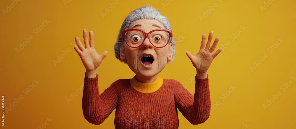 surprised elderly woman with raised hands in 3D cartoon style surprised elderly woman with raised hands in 3D cartoon style