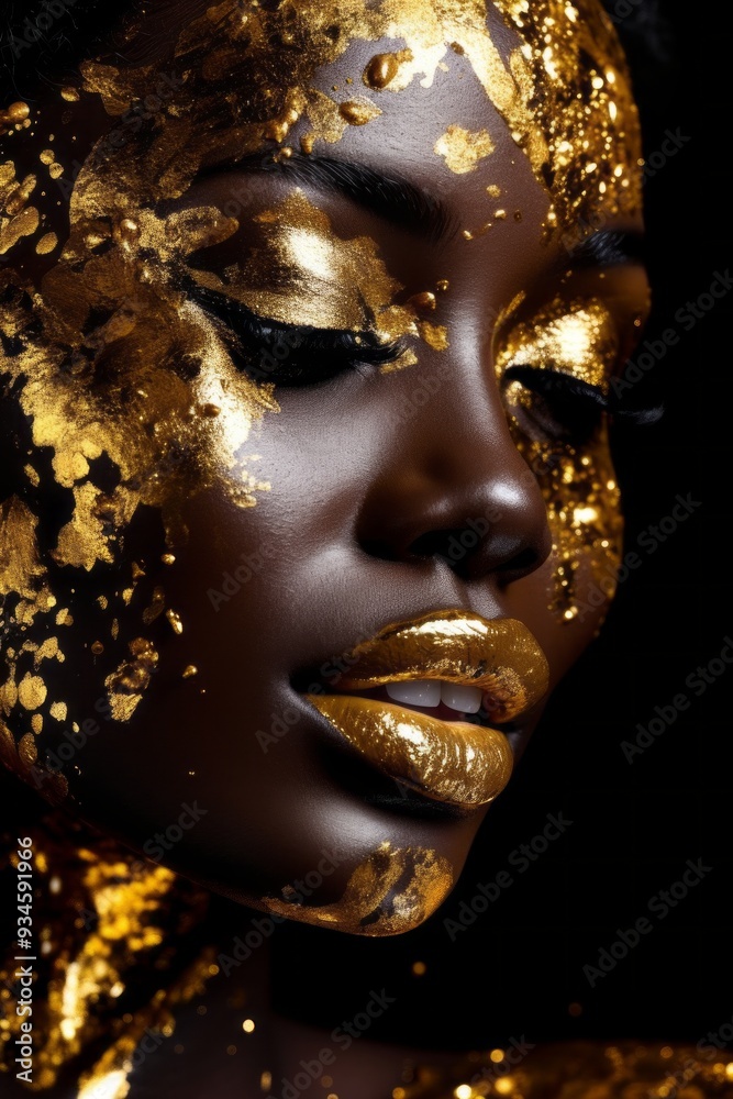 Close-up of a young female face in golden glitter paint. Decorative cosmetics for women. Gold make-up on beautiful African model, glamourous metallic dark skin. Beautiful woman makeup close up Close-up of a young female face in golden glitter paint. Decorative cosmetics for women. Gold make-up on beautiful African model, glamourous metallic dark skin. Beautiful woman makeup close up