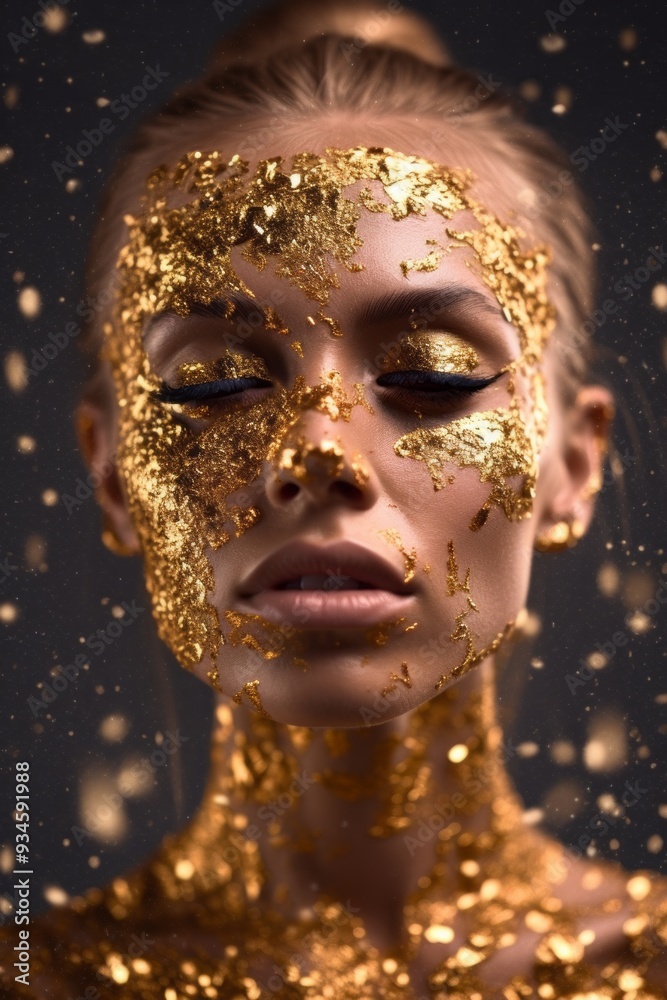 Close-up of a young female face in golden glitter paint. Decorative cosmetics for women. Gold make-up on beautiful model, glamourous metallic skin. Beautiful woman makeup close up Close-up of a young female face in golden glitter paint. Decorative cosmetics for women. Gold make-up on beautiful model, glamourous metallic skin. Beautiful woman makeup close up
