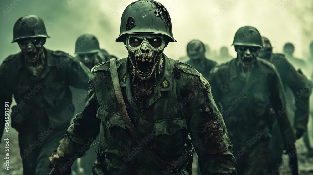 Fototapeta premium It is an alternate history where zombies fought in War, with undead soldiers in tattered uniforms marching through battlefield
