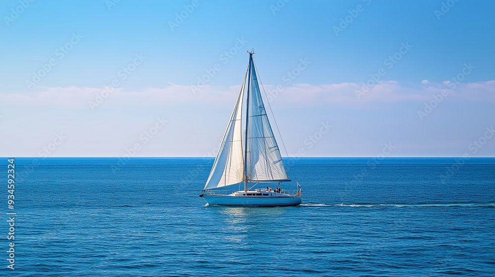 Fototapeta premium A sailing boat glides across calm blue waters under a clear sky during midday