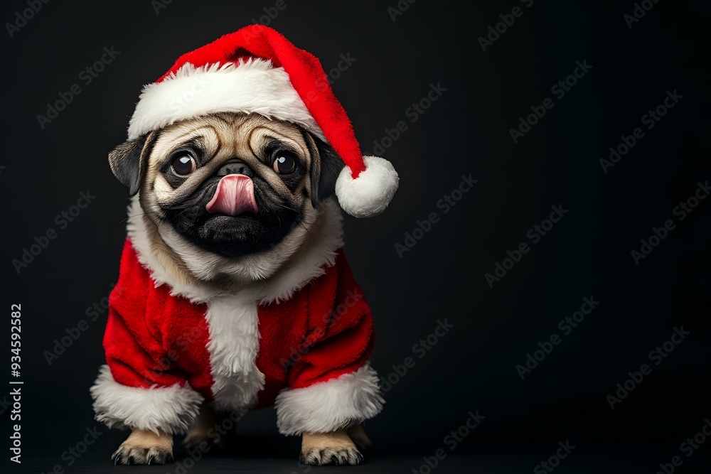 Funny dog in Santa Claus costume. Merry Christmas and Happy New Year. Template for greetings and stationery Funny dog in Santa Claus costume. Merry Christmas and Happy New Year. Template for greetings and stationery