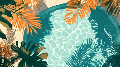 Tropical Paradise Pool - AI Generated Summer Scene with Vibrant Leaves Shadow | Flat Design Illustration