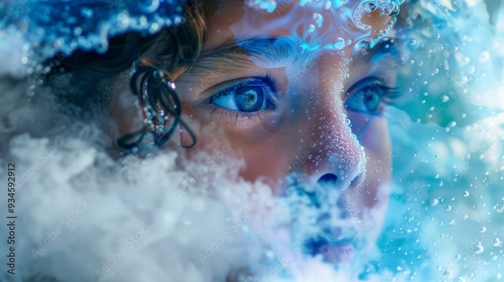 Fototapeta premium A close-up of a boy's face underwater, surrounded by bubbles and reflections, capturing the wonder and magic of being submerged..