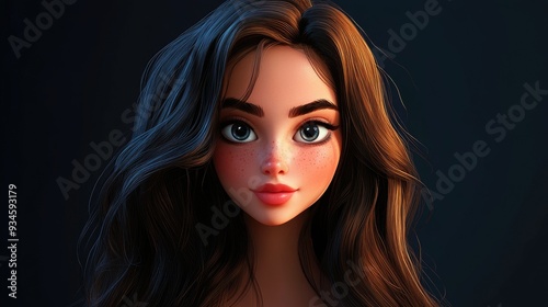 Vibrant 3D Cartoon Portrait of a Young Beautiful Woman with Radiant Skin and Long Brunette Hair Against a Dark Backdrop