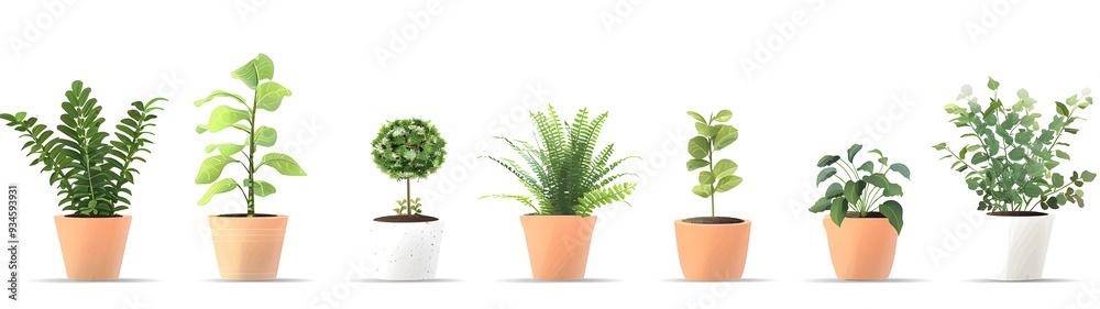 Obraz premium set of various plants in pots illustration, green leaves plants vector art style .different types of houseplants in the plant pot. 