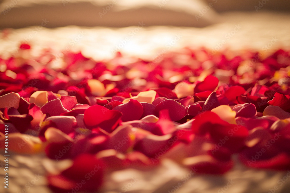 Heart-shaped rose petals scattered on the bed Heart-shaped rose petals scattered on the bed