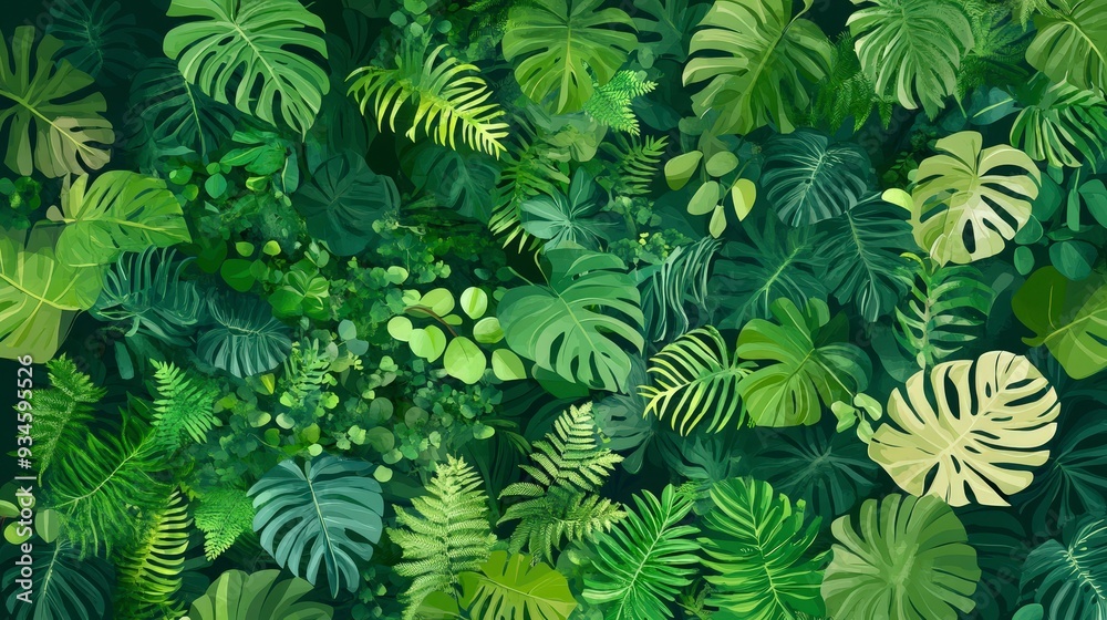 Tropical Oasis Vertical Garden - Urban Greenery Living Wall with Lush Green Plants Flat Design Illustration for Sustainability Concept Tropical Oasis Vertical Garden - Urban Greenery Living Wall with Lush Green Plants Flat Design Illustration for Sustainability Concept