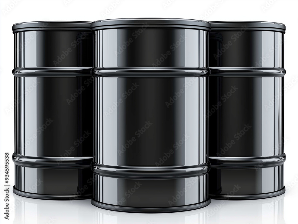 A collection of black metal oil barrels isolated on a white background A collection of black metal oil barrels isolated on a white background
