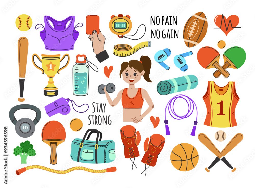 Sports and fitness vector set. Gym accessories for yoga, aerobics, training, running. A girl with dumbbells is exercising. Ping pong paddle, rugby and basketball balls, baseball bat, winner cup Sports and fitness vector set. Gym accessories for yoga, aerobics, training, running. A girl with dumbbells is exercising. Ping pong paddle, rugby and basketball balls, baseball bat, winner cup