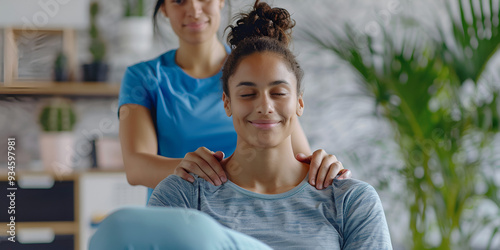 A relaxed woman enjoying a therapeutic shoulder massage session in a serene environment with a focus on holistic health and wellness.