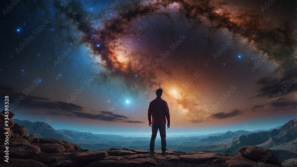 A Solitary Figure Gazing at the Milky Way Above a Mountainous Landscape A Solitary Figure Gazing at the Milky Way Above a Mountainous Landscape