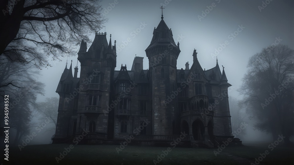 A Large, Gothic-Style Mansion in a Dense Fog A Large, Gothic-Style Mansion in a Dense Fog