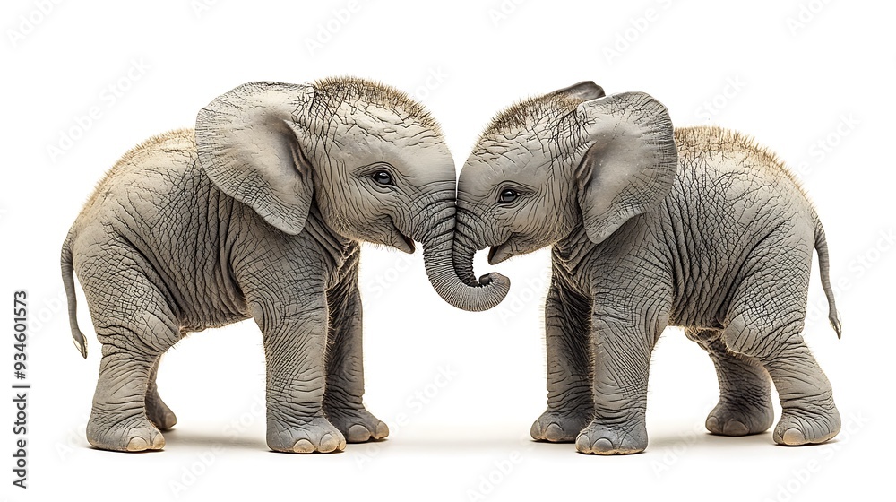 Fototapeta premium Two adorable baby elephants touching noses, isolated on white background.