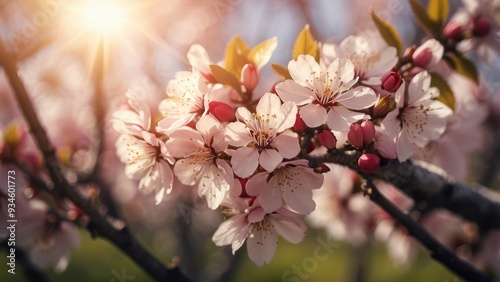 Pink Almond Blossoms in Sunlight Close-Up