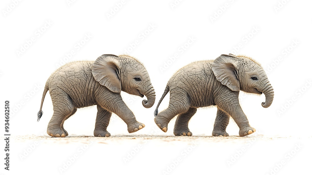 Fototapeta premium Two baby elephants walk side-by-side on a white background.