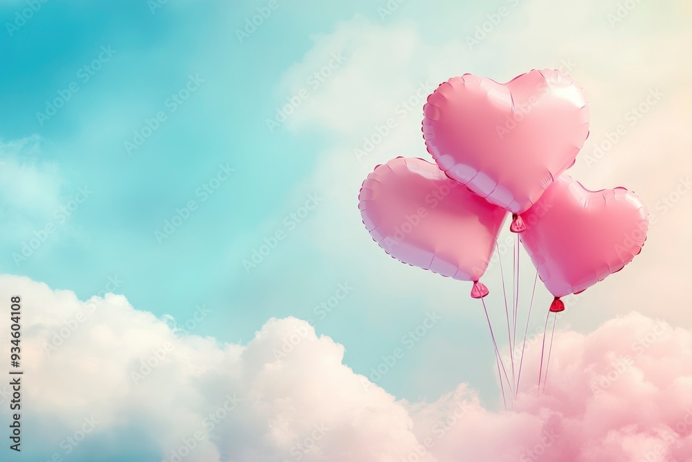 Obraz premium Valentine's day background with pink heart shaped balloons and clouds. Beautiful colorful valentine day heart in the clouds as abstract background with generative ai