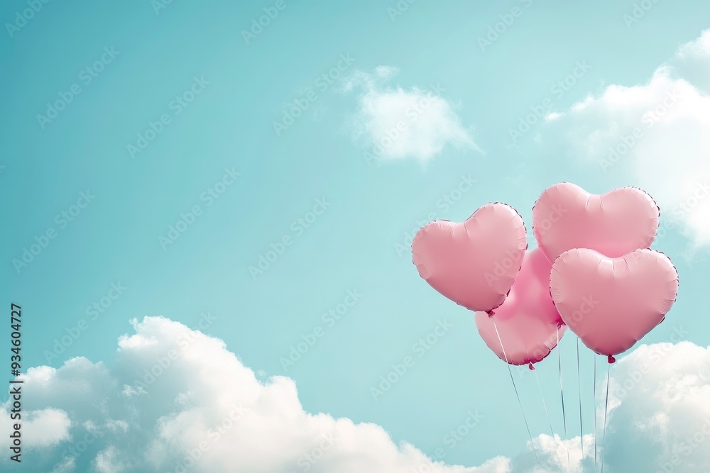 Obraz premium Valentine's day background with pink heart shaped balloons and clouds. Beautiful colorful valentine day heart in the clouds as abstract background with generative ai