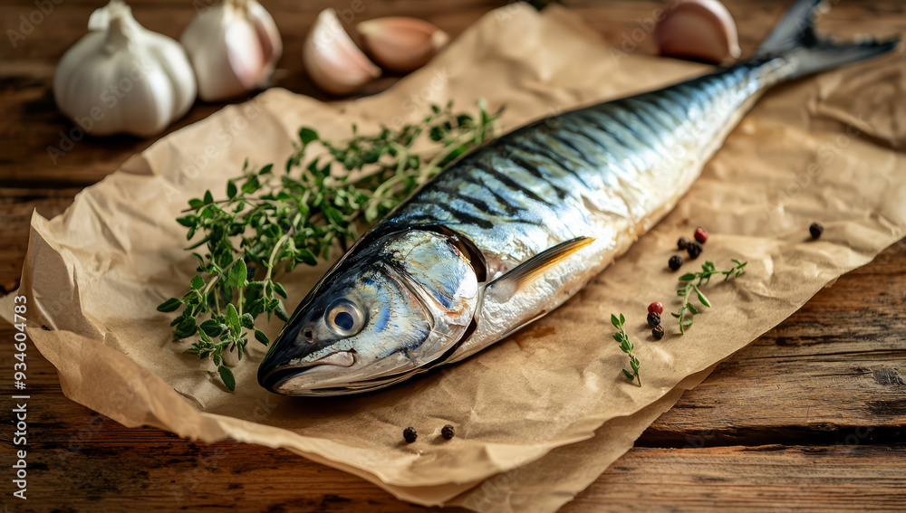 Fresh raw mackerel on brown paper, against an old wooden table Fresh raw mackerel on brown paper, against an old wooden table