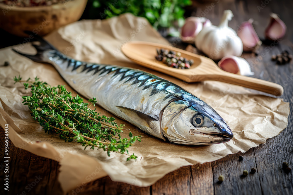 Fresh raw mackerel on brown paper, against an old wooden table Fresh raw mackerel on brown paper, against an old wooden table