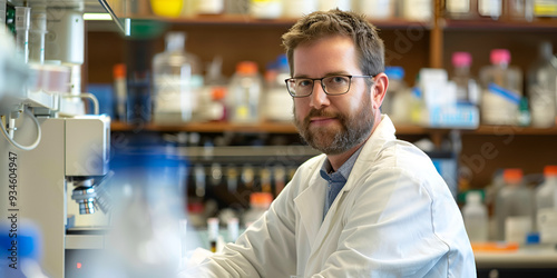 A confident scientist in a laboratory surrounded by research equipment, focusing on groundbreaking medical research in a modern, well-equipped lab

