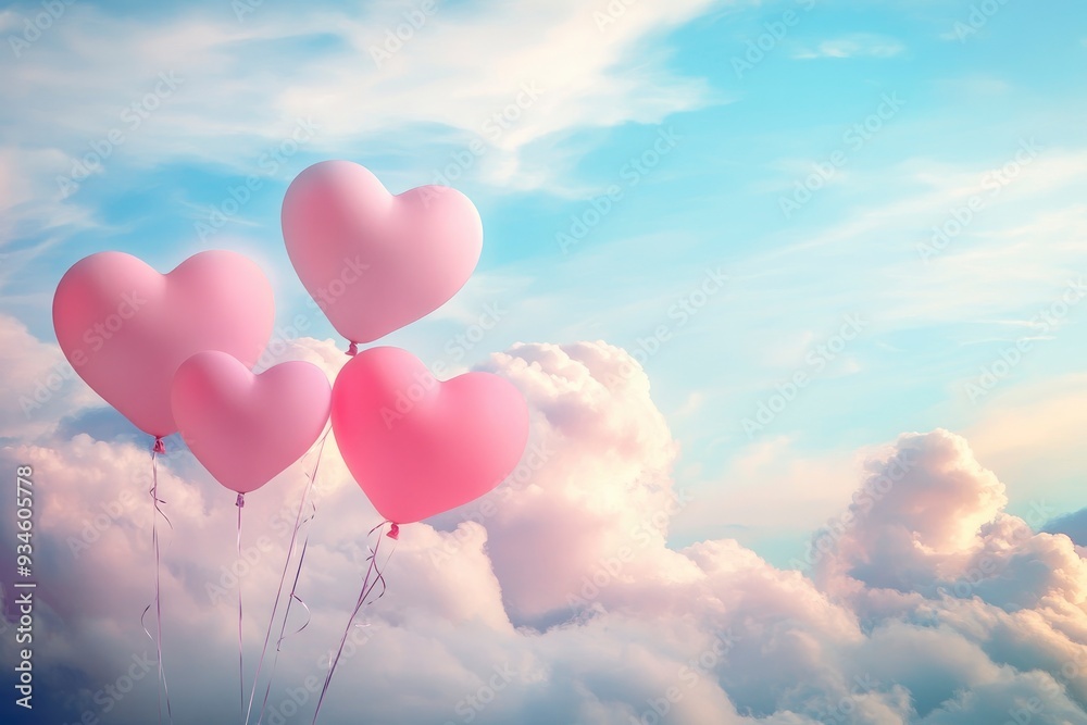 Fototapeta premium Valentine's day background with pink heart shaped balloons and clouds. Beautiful colorful valentine day heart in the clouds as abstract background with generative ai