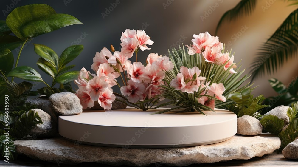 podium product stand or display with flowers, blur background and cinematic light podium product stand or display with flowers, blur background and cinematic light