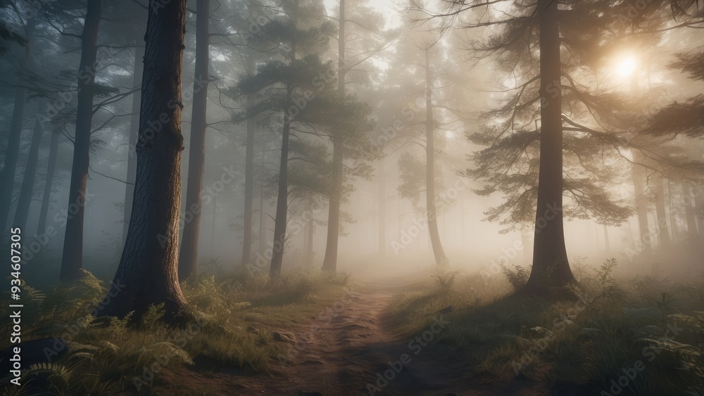 Naklejka premium Sunbeams Through Foggy Forest Path
