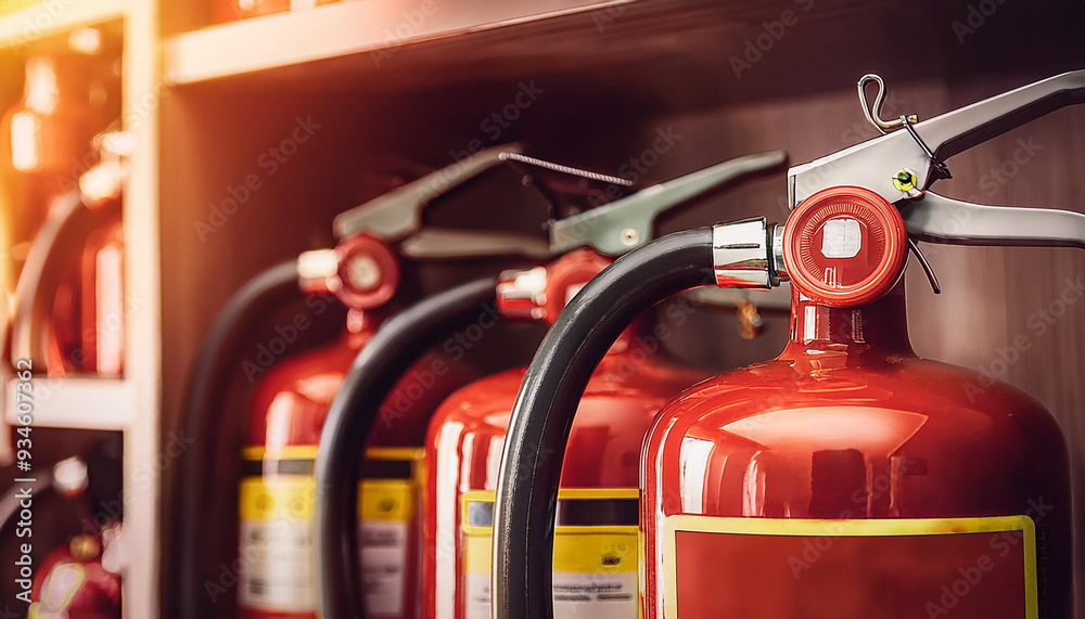 A row of red fire extinguishers are lined up on a shelf A row of red fire extinguishers are lined up on a shelf