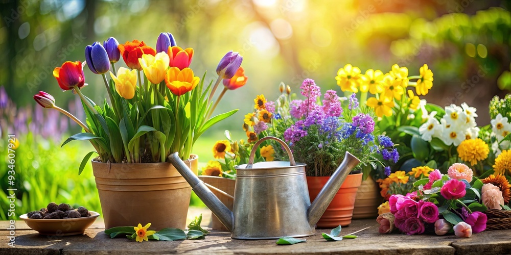 A beautiful spring garden scene with colorful flowers, gardening tools, and a watering can A beautiful spring garden scene with colorful flowers, gardening tools, and a watering can
