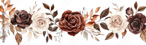 Watercolor illustration of a floral wedding invitation template set featuring brown and maroon rose flowers with decorative leaves