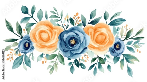 Fototapeta Naklejka Na Ścianę i Meble -  Watercolor floral arrangement featuring orange and blue roses with green foliage set against a white background