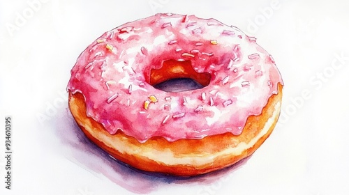 Watercolor illustration of a frosted donut photo