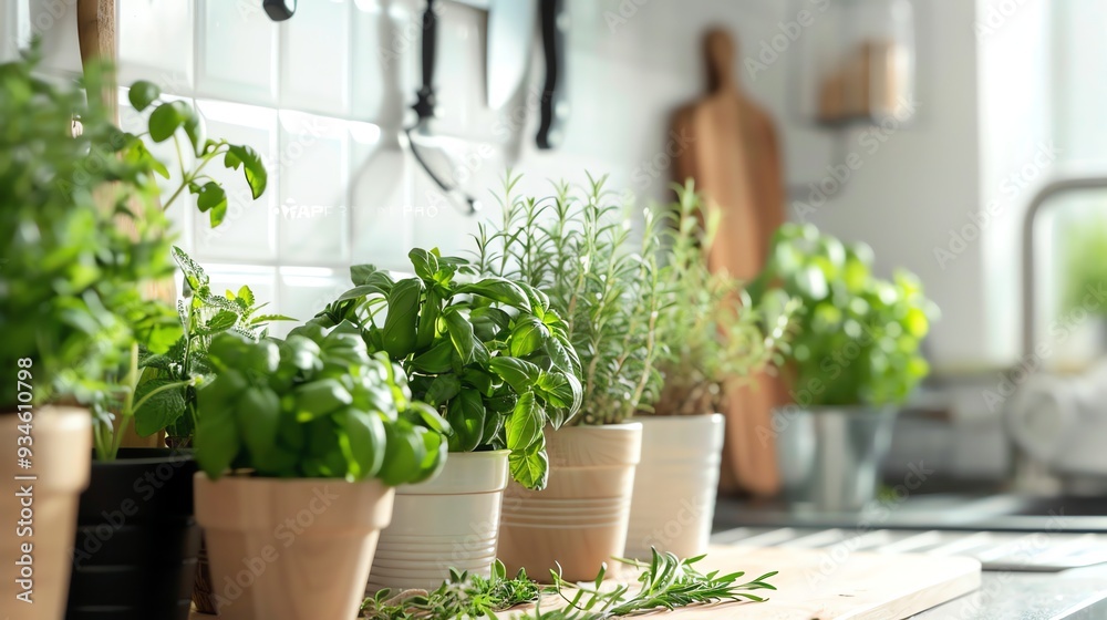 A row of potted herbs on a kitchen counter. A row of potted herbs on a kitchen counter.