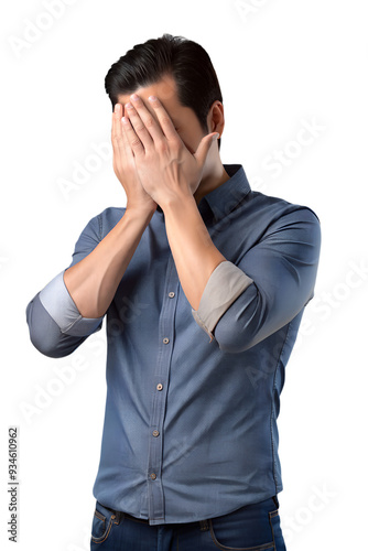 Young man covering her eyes isolated on a transparent background