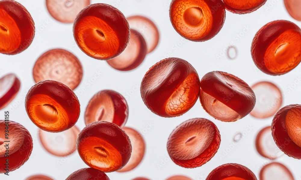 a close-up view of red blood cells on a white background, highlighting their texture and the light refraction through their translucent membranes a close-up view of red blood cells on a white background, highlighting their texture and the light refraction through their translucent membranes