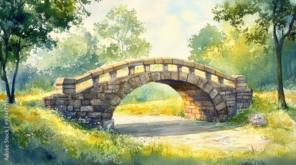 Watercolor illustration featuring a stone bridge backdrop Watercolor illustration featuring a stone bridge backdrop