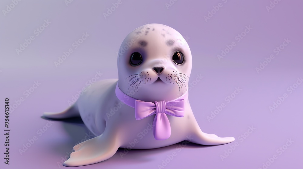 A 3D render of a cute cartoon seal wearing a pink bowtie against a purple background.
