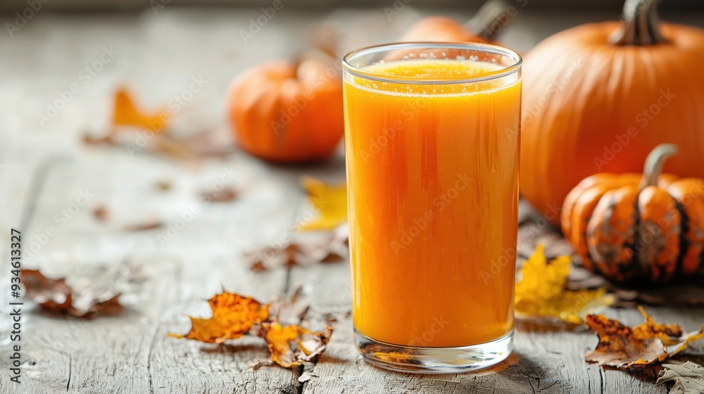 Fresh pumpkin juice in a transparent juice glass Fresh pumpkin juice in a transparent juice glass
